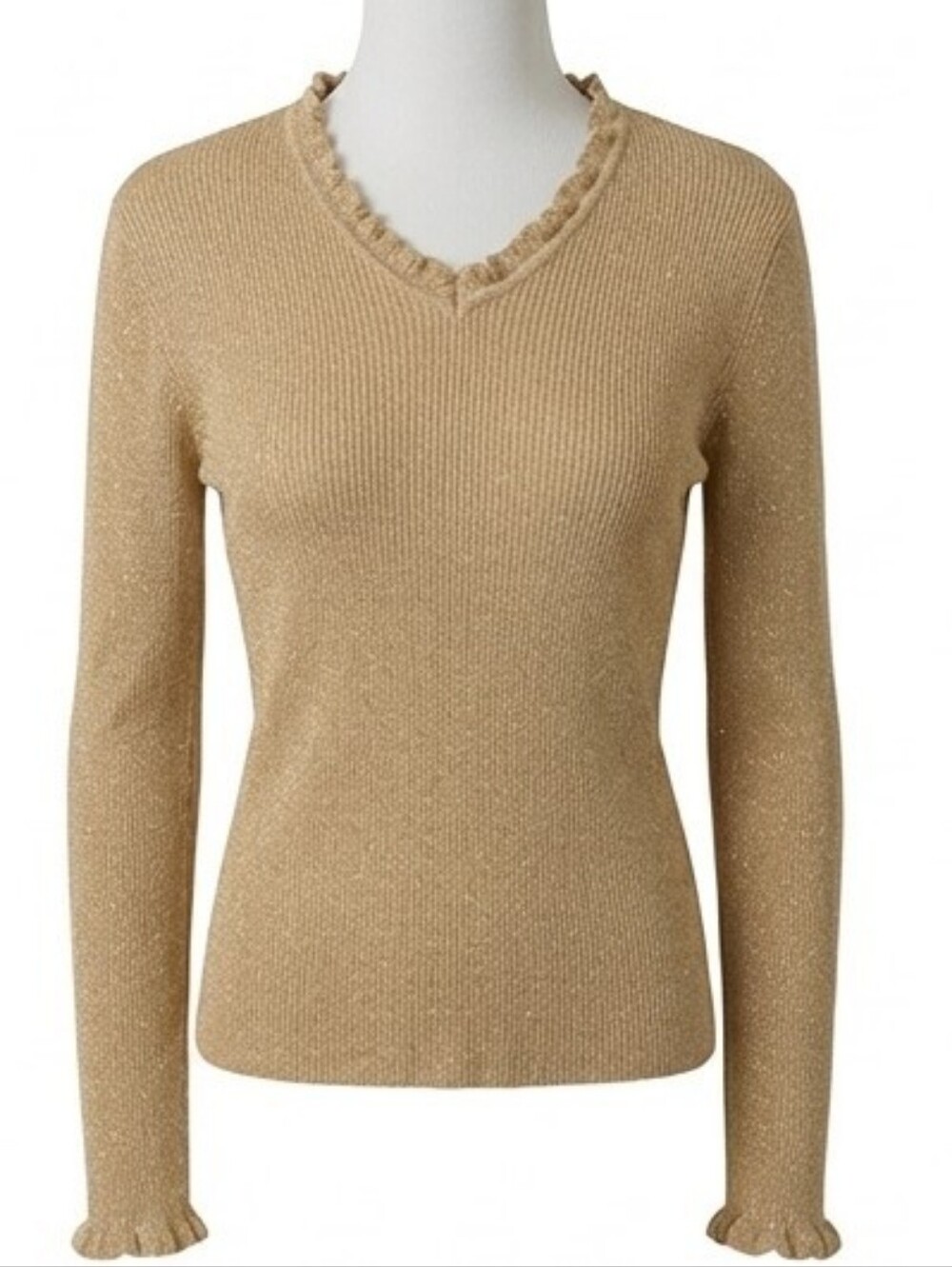 Liz Claiborne Lizsport Gold Metallic Shimmer Lettuce Trim Knit Top M